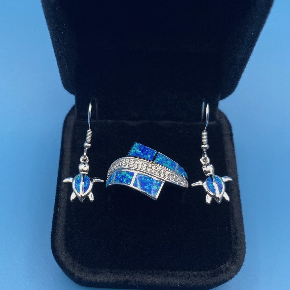 Sterling Silver Elegant Blue Lab Opal & Clear CZ Ring Size # 7 + Turtle Earrings